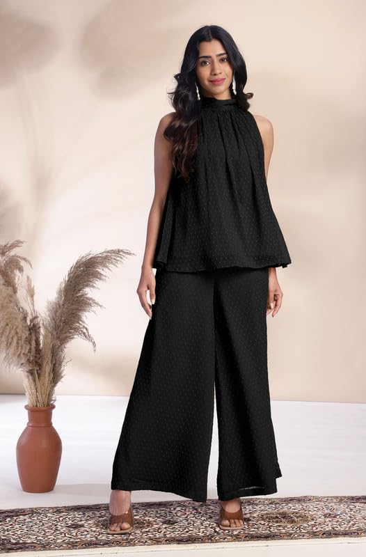 Image of Janasya Women's Chiffon Woven Design Gathered Co-Ord Set