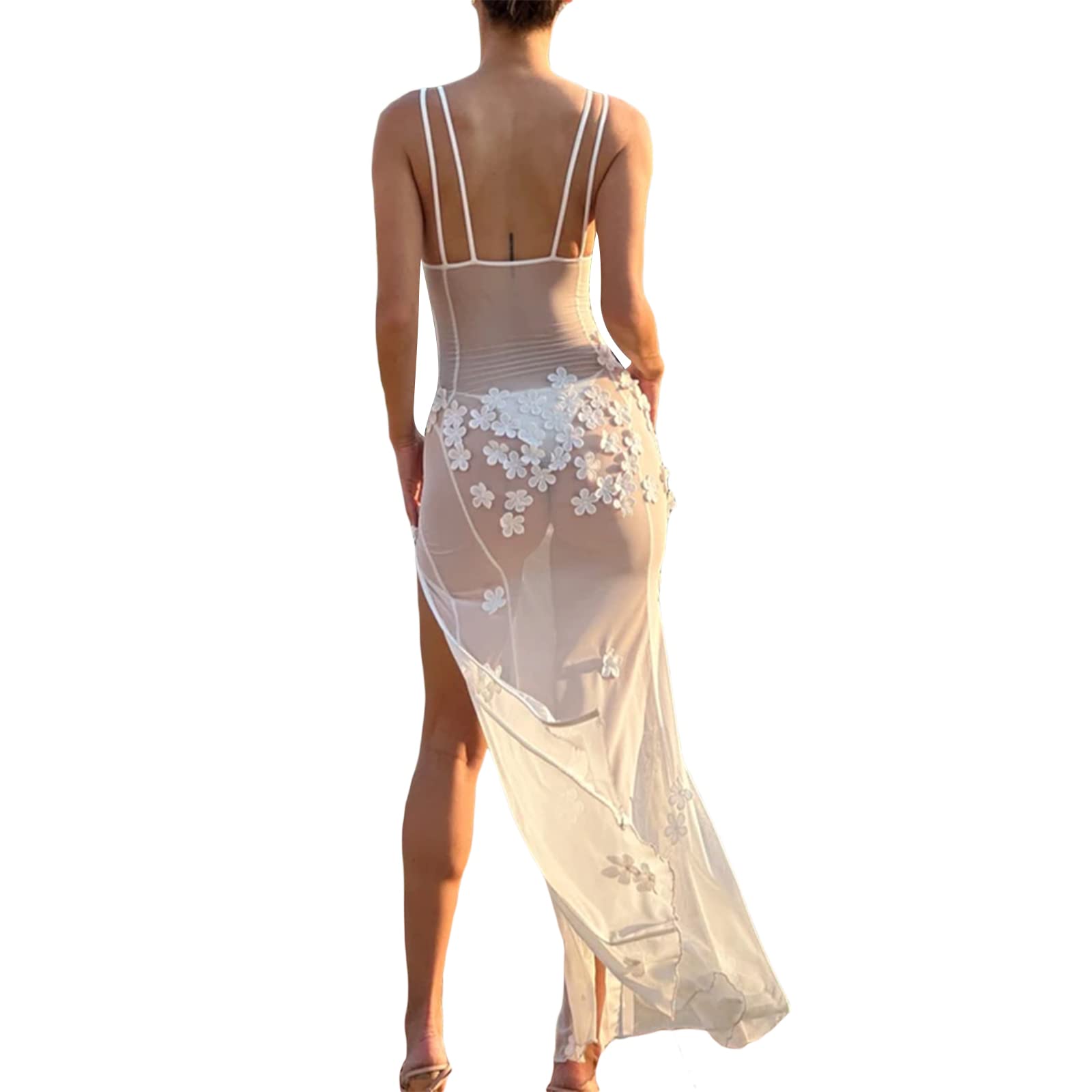 Loalirando Vestido Maxi Largo Sexy Transparente Vestido de Escote con Flores