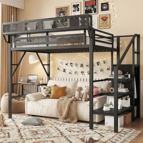 Aurnienofus Twin Size Loft Bed with Stairs and Storage, Metal Loft Bed Frame with Bedside Shelf and Large Under-Bed Space, Heavy-Duty Beds for Boys Girls Teens and Kids Room/Studio/Apartment, Black