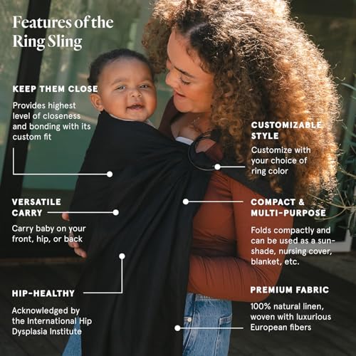 Image of WildBird - Ring Sling Baby Carrier - 0-36 Months (up to 35 lbs) - Standard (74 inch) Raven & Bronze Ring - Front, Hip or Back Carry - Adjustable Fit - Natural Linen - Baby Essentials - New Mom Gifts
