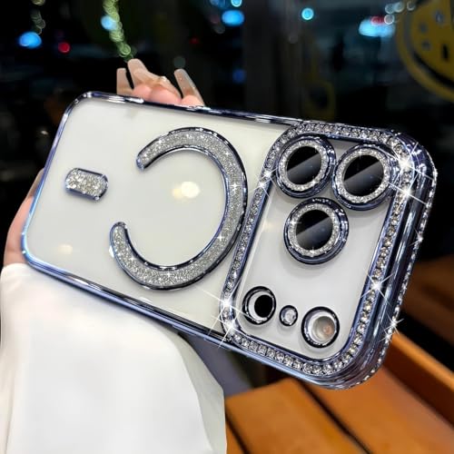 Image of for iPhone 17 Pro Max Magnetic Glitter Case,Luxury Bling Rhinestone Diamond Plated Bumper Case Sparkle Camera Lens Protection Clear Cover for iPhone 17 Pro Max (Blue)