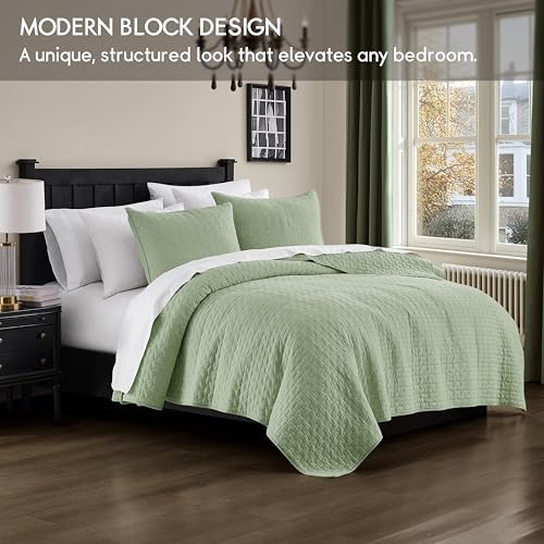 Image of palassio Sage Green 100% Cotton Quilt King Size Bedding Sets with 2 Pillow Shams, Textured Lightweight Soft Bedspread Shabby Chic Coverlet, Quilted Comforter Bed Cover for All Season, 3 Pieces