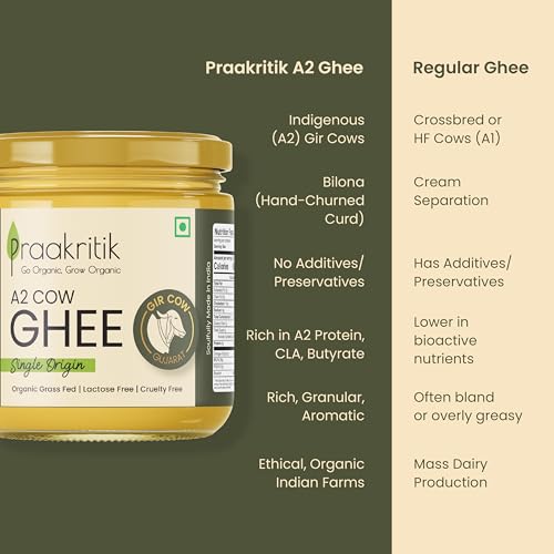 Image of Praakritik A2 Gir Cow Ghee 1L, 100% Natural A2 Cow Ghee Prepared by Traditional Bilona Method - Vedic Cultured, Grassfed, GMO-Free, Lactose-Free, Vegetarian - 1 Litre (Pack of 2)