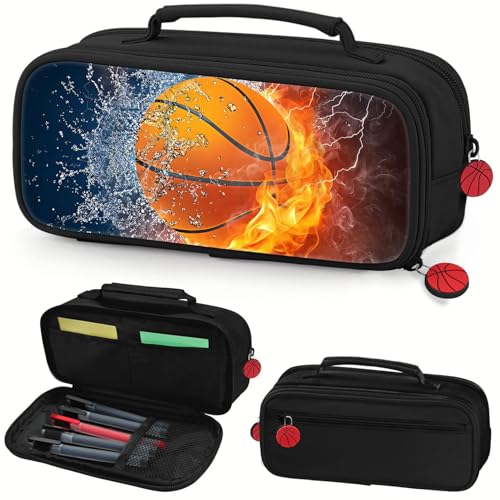 Image of Basketball Pencil Case for Boys - Large Pencil Pouch for Boys with Zipper Compartments & Handle - Big Capacity Pen Organizer Box Bag for Kids Teens School Supplies