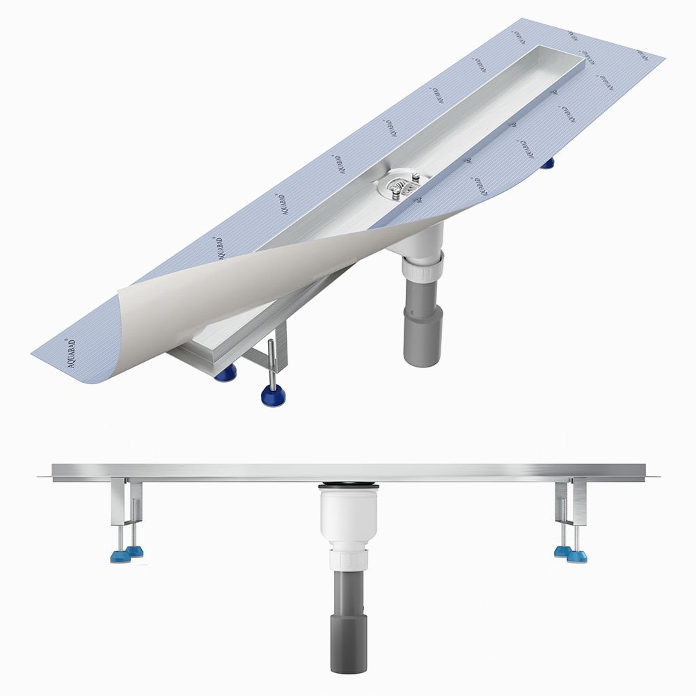 Aquabad Duschrinne SDS Pro 60 cm gebürsteter Edelstahl inkl. Haarsieb, Abgang senkrecht, befliesbare Mulde, linearer Bodenablauf, Komplettset