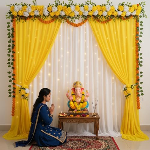 Image of Party Propz Ganpati Decoration Setup For Home - 11pc Yellow Backdrop Cloth For Decorations Pooja with 9m Light, Leaves, Varalakshmi and Janmashtami Backdrop, Haldi Decoration(Satin Mix)(Yellow, White)