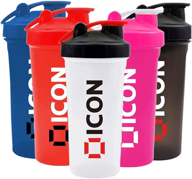 ICON Protein Shaker Bottle, 100% Leak Proof 700ml Protein Shaker - Clear with Black Lid & Red Cap - Ideal Gym Cup for Protein Shake Milkshake (1 Shaker Only)