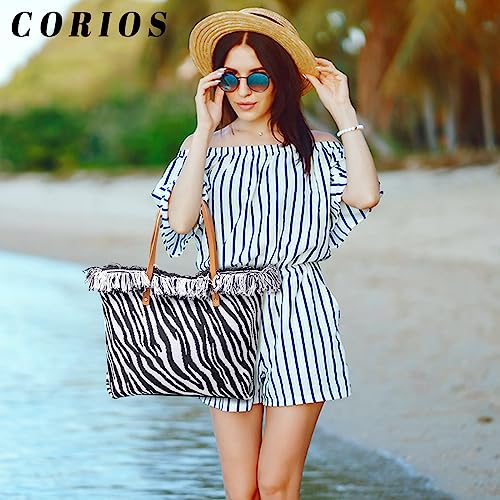 Image of CORIOS Tote Bag for Women Cute Canvas Shoulder Bag Summer Vibe Beach Bag Casual Handbag Bohemian Hobo Bag with Tassels
