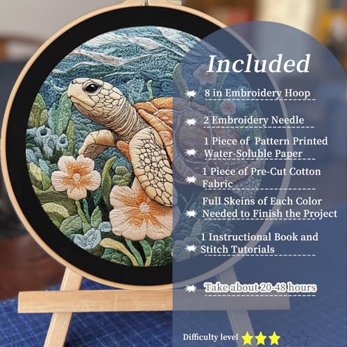Image of FONNUY Sea Turtle Floral Embroidery Kit, Cross Stitch Kits for Beginners, Handmade Crafts with Printed Patterns for Adults, Easy to Follow Color Thread Needlework, 8'' Hoop (Turtle and Flowers)