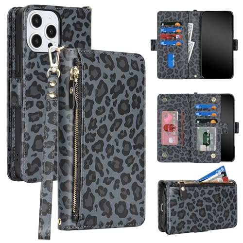 Étui iPhone 14 Pro Max en cuir noir léopard avec fermeture éclair chic