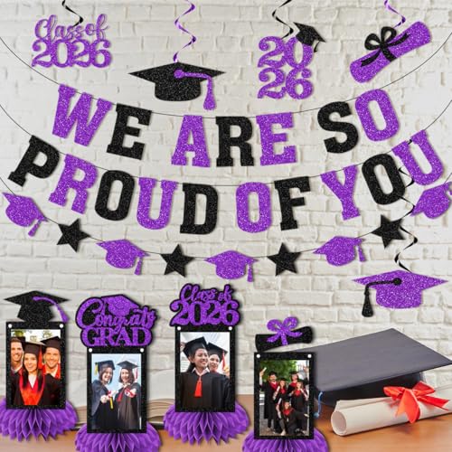 Image of Graduation Decorations 2026 - Purple Congrats Grad Party Supplies Include Glitter We are So Proud of You Banner, Hanging Swirls and Honeycomb Centerpieces for Photo Toppers