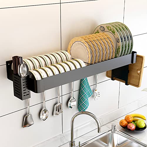 金属炭素鋼 壁掛け式物干しラック 台所、台所用品多機能壁掛け式ディッシュラック、大容量 ボウルとプレート/ナイフボード/箸/台所用品用、カトラリーラックとまな板ラック付き、黒 食器水切り (Color : Black, Size : 60x30cm)