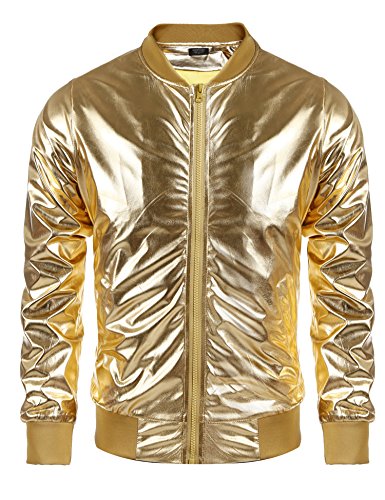 COOFANDY Herren Metallic Jacke 70er Jahre Disco Weihnachten Party Varsity Jacke Reißverschluss Baseball Bomber, 01-gold, L COOFANDY Herren Metallic Jacke 70er Jahre Disco Weihnachten Party Varsity Jacke Reißverschluss Baseball Bomber, 01-gold, L
