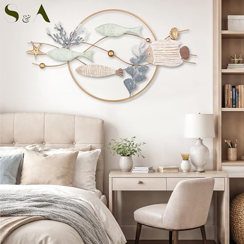 Image of S & A Underwater Ocean Life Metal Wall Art Decor - Large 78cm Coastal Wall Hanging with Wooden Fish & Coral Accents, Ocean Theme Artwork for Living Room, Bedroom & Home Decoration