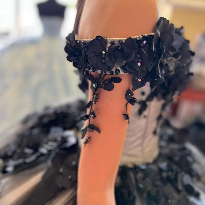 Mauuwy Black 3D Floral Tulle Quinceanera Dresses Pearly Prom Dresses with Train Beaded Off Shoulder Gothic Sweet 16 Dresses3
