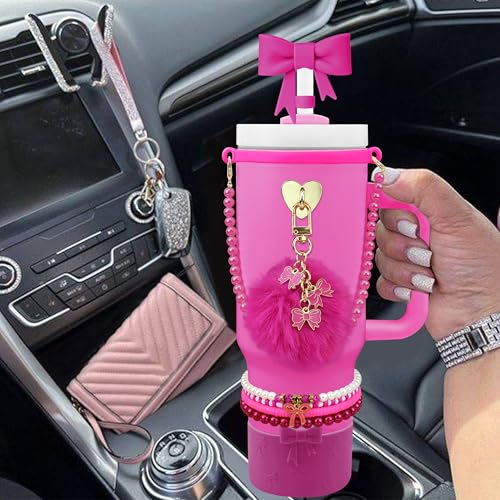 Hpebl 11PCS Fuchsia of Stanley Cup Accessories 30/40 OZ Water Bottle Tumbler Accessories Set Pearl Bow Charm for Stanley Decorations Including Bow Straw Topper, Pom Pom Keychain, Silicone Tumbler Boot - image 5