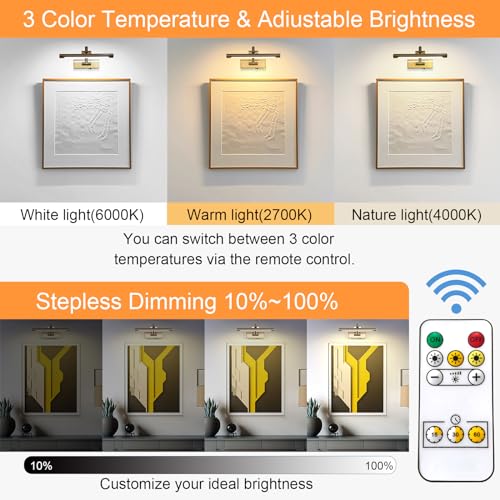 Image of Tassuowell Rechargeable Picture Light with Remote Control,12 Inch Brass Finish Adjustable Wireless Art Lighting Fixture,Painting Lights with Timer,3 Color Temperature and Dimmable