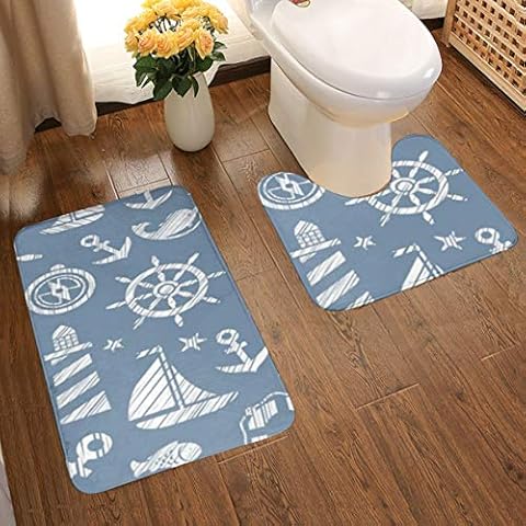 Soft Comfort Flannel Bathroom Mats Nautical Grayblue Attributes Anchor Non Slip Bath Mat Washable Entry Rugs 2pcs/Set Carpet Rugs Cover