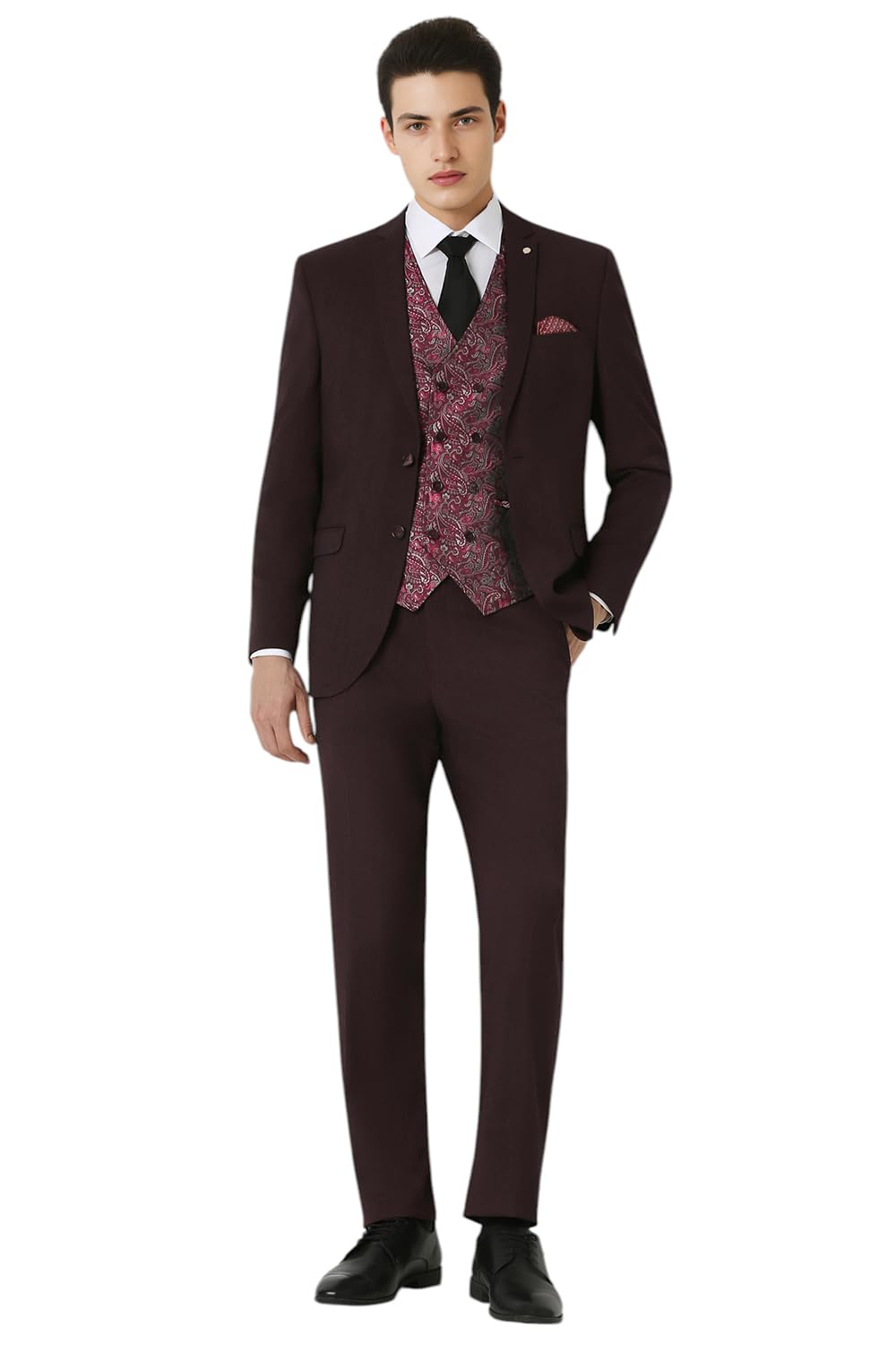 Men Maroon Stripe Slim Fit Wedding Three Piece Suit