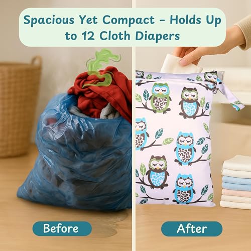 Image of Chic Buddy Waterproof Wet Bag, Washable, Reusable for Travel, Beach, Pool, Stroller, Diapers, Dirty Gym Clothes, Wet Swimsuits, Toiletries (BARN OWL, Wet Bag)