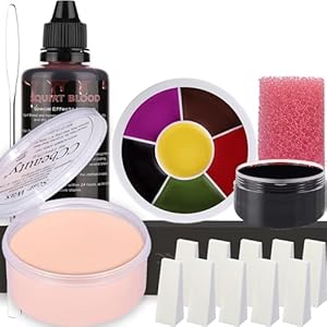 CCbeauty 7Pcs Halloween SFX Special Effects Makeup Kit – 2.7oz Modeling Scar Wax +6 Colors Bruise Wheel + 2.3oz Splatter Blood + 1oz Coagulated Blood with Spatula + Stipple Sponge,Fair-Light Skin