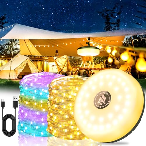 Vautvis Luci Campeggio Esterno, 10M Catena Led Avvolgibile, Lucine Tenda, Lucine Campeggio Led Ricaricabile 2000mah Con 8 Modalità