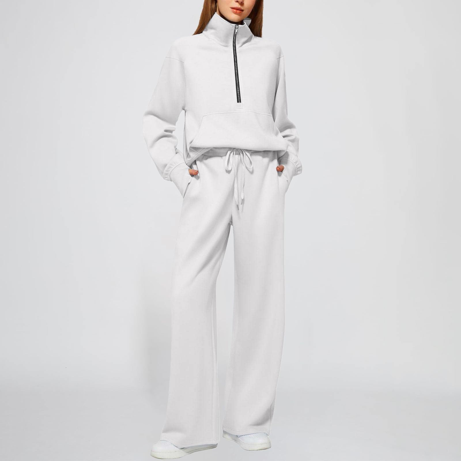 Ensemble de survêtement 2 pièces décontracté à manches longues pour femme - Haut avec fermeture éclair et grandes poches - Pantalon de jogging large avec cordon de serrage - Tenue de sport et de