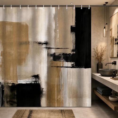 ZCHOMI Black Tan Brown Shower Curtain Abstract Brushstroke Neutral Aesthetic Art Modern Minimalist Bathroom Decor Waterproof Fabric Bath Curtain 72 x 72 Inch with 12 Hooks
