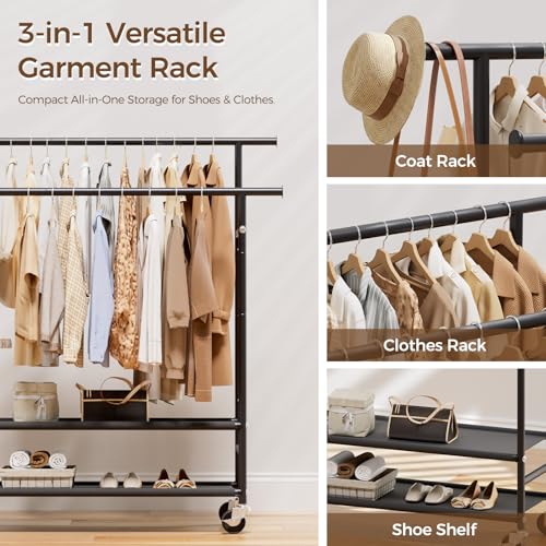HYSEYY Double Rods Rolling Clothes Rack with 2-Tier Shelves - image 3