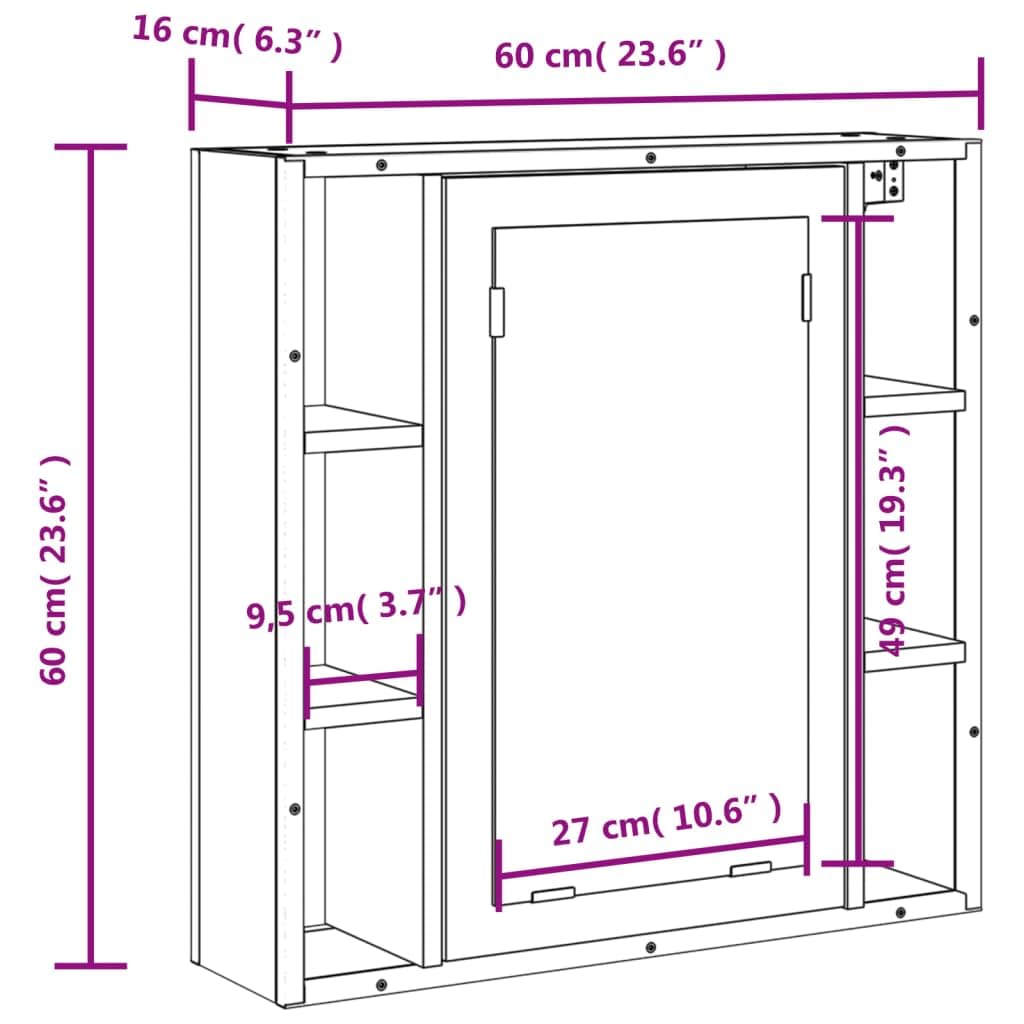 Szafka łazienkowa z lustrem, dąb wędzony, 60 x 16 x 60 cm, materiał drewnopochodny ze szklanym lustrem, montaż na ścianie, meble łazienkowe, miejsce do przechowywania kosmetyków i ręczników