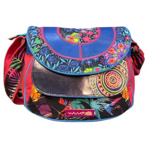 Sac bandoulière ethnique indien en coton rose et cuir Macha