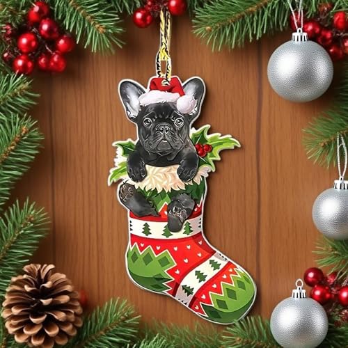 Lustiger Weihnachtsbaumschmuck für Hundeliebhaber, Geschenkidee, Weihnachtsdekoration – niedliche Hunde-Weihnachtsbaumspitze zum Aufhängen (Schwarze französische Bulldogge)
