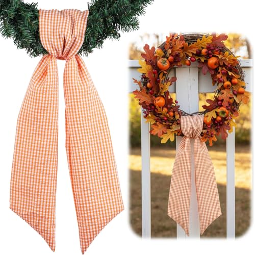 NUVCELKA Orange Gingham Wreath Sash for Front Door Wreath 5.12 Wide x 54 Fall Thanksgiving Farmhouse Country Harvest Autumn Holiday Door Decorations