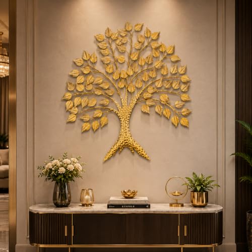 Image of Home & Bazaar Tree of Life Metal Wall Art, Handcrafted Gold Iron Peepal Tree Wall Hanging for Living Room, Bedroom, Office & Entryway, Decorative Wall Decor, 30 x 2 x 27 Inch (76.2 x 5 x 68.6 Cm)