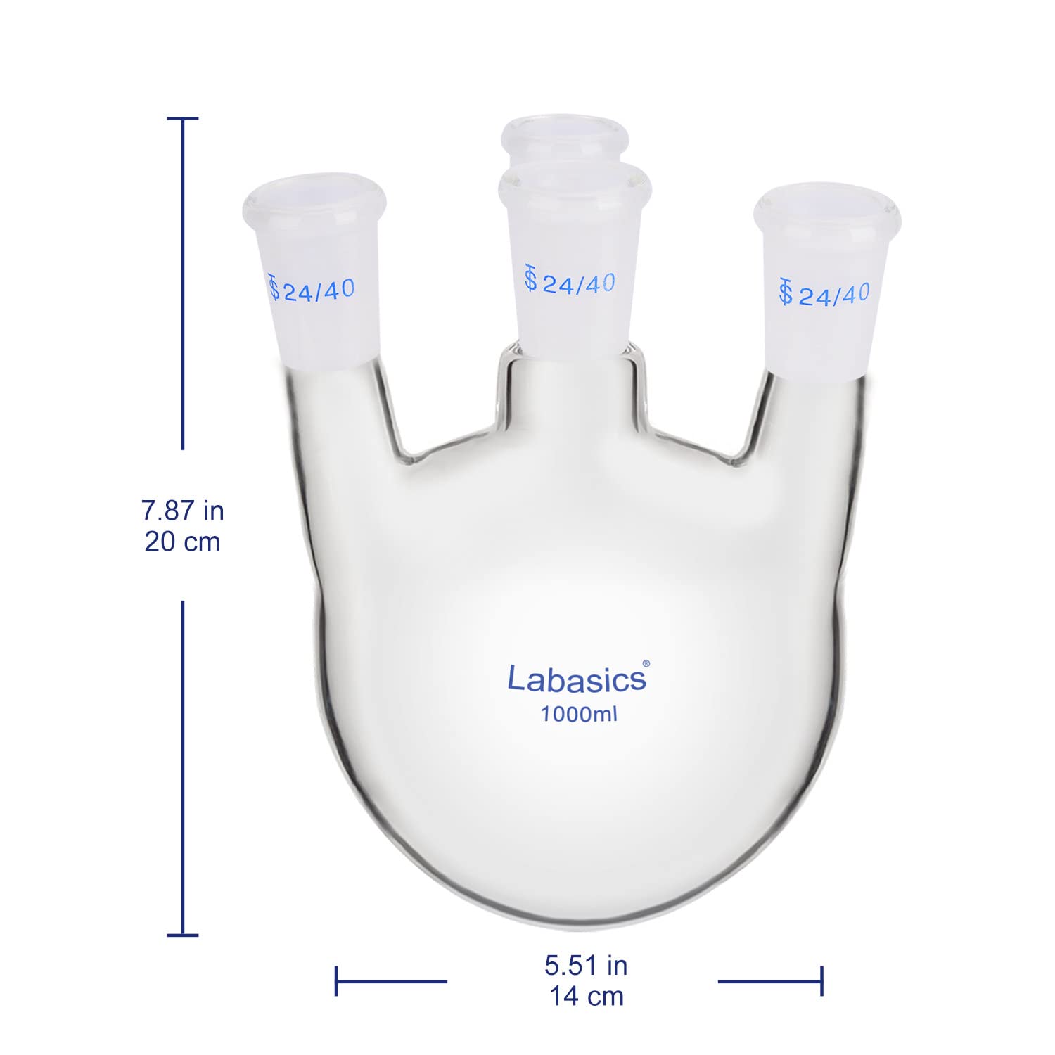 Labasics Rundkolben mit 4 Aufrechten Hälsen, Schwerwandiges Borosilikatglas-Rundkolben mit 24/40 Standard-Schliffhülse, für Den Laborgebrauch, 1000 ml