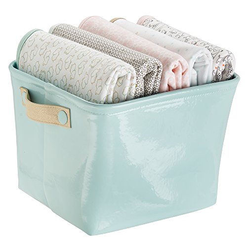 mDesign Baby Nursery Organizer Storage Bin for Diapers, Stuffed Animals, Towels, Blankets - Vegan Patent Leather, Medium, Mint/Gold