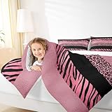 Pink Leopard Print Kids Comforter Set Full Size,Zebra Skin Texture Bedding Set,Girls Boys Adults Room Decor,Abstract Animals Skin Stripes Down Comforter,Fashion Romantic Duvet Insert,2 Pillowcases