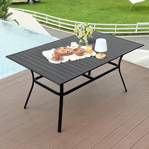 LVUYOYO Outdoor Patio Dining Table, Metal Rectangular Table with Umbrella Hole, All-Weather Furniture for Backyard, Garden,Balcony,Porch (Black) Cover