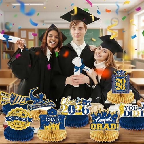 Image of 2026 Graduation Party Decorations - 8 Pcs Blue Gold Class of 2026 Graduation Party Table Decor Honeycomb Centerpieces for Tables Congratulate for 2026 Congrats Grad Party Supplies