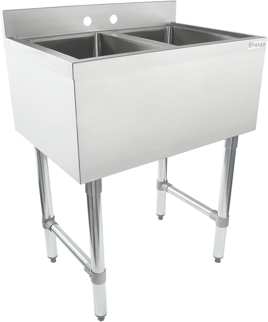 Empura 10" x 14" Stainless Steel Two Compartment Underbar Sink | Heavy-Duty Commercial Kitchen Bar Basin with 3.5" Drain Basket for Restaurant Laundry Cafeteria | 10"L X 14"D X 10"H, 18 Gauge, NSF