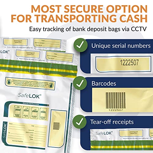 ControlTek SafeLok 12\" x 16\", Clear, 100 Bags, Tamper-Evident Deposit Bags, Cash Currency Handling & Valuables, Moisture, Heat, Cold Detection, Tear-off Receipt + Large Barcodes 585093