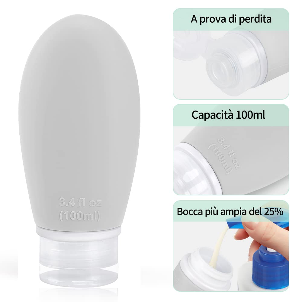 Opret Bottiglie da Viaggio 100ml in Silicone, 3 Pezzi Kit Contenitori da Viaggio Flaconi con Custodia per Shampoo, Liquidi and Lozione, Nessun BPA