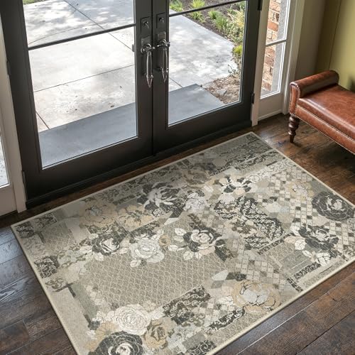 GENIMO Area Rug 2x3 Doormat, Machine Washable Low Pile Rugs, Small Floral Patchwork Retro Chenille Entryway Mat for Entrance, Hallway, Kitchen and Corridor, Taupe Gray