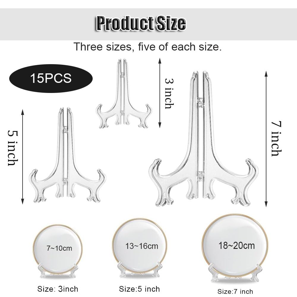 15PCS Folding Plate Holder Acrylic Decorative Plate Stand, 3'', 5''and 7'' Transparent Holders Fold Display Stand - Image 2