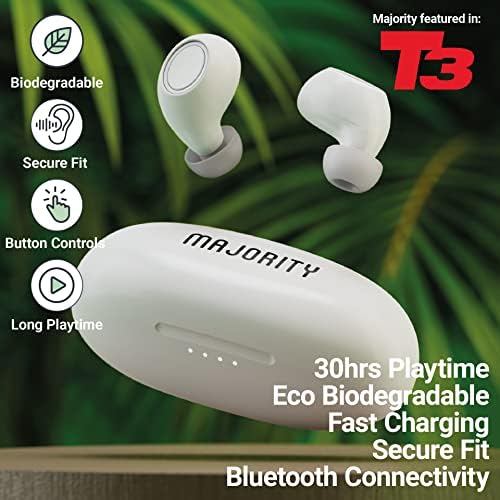 Biodegradable True Wireless Earbuds, Bluetooth Earphones 5.3, 30H Playtime | Bio Ear Buds With Built In Mic, Fast Charging Case, Powerful Stereo Sound | In-Ear Eco Headphones, Majority Tru Bio | White