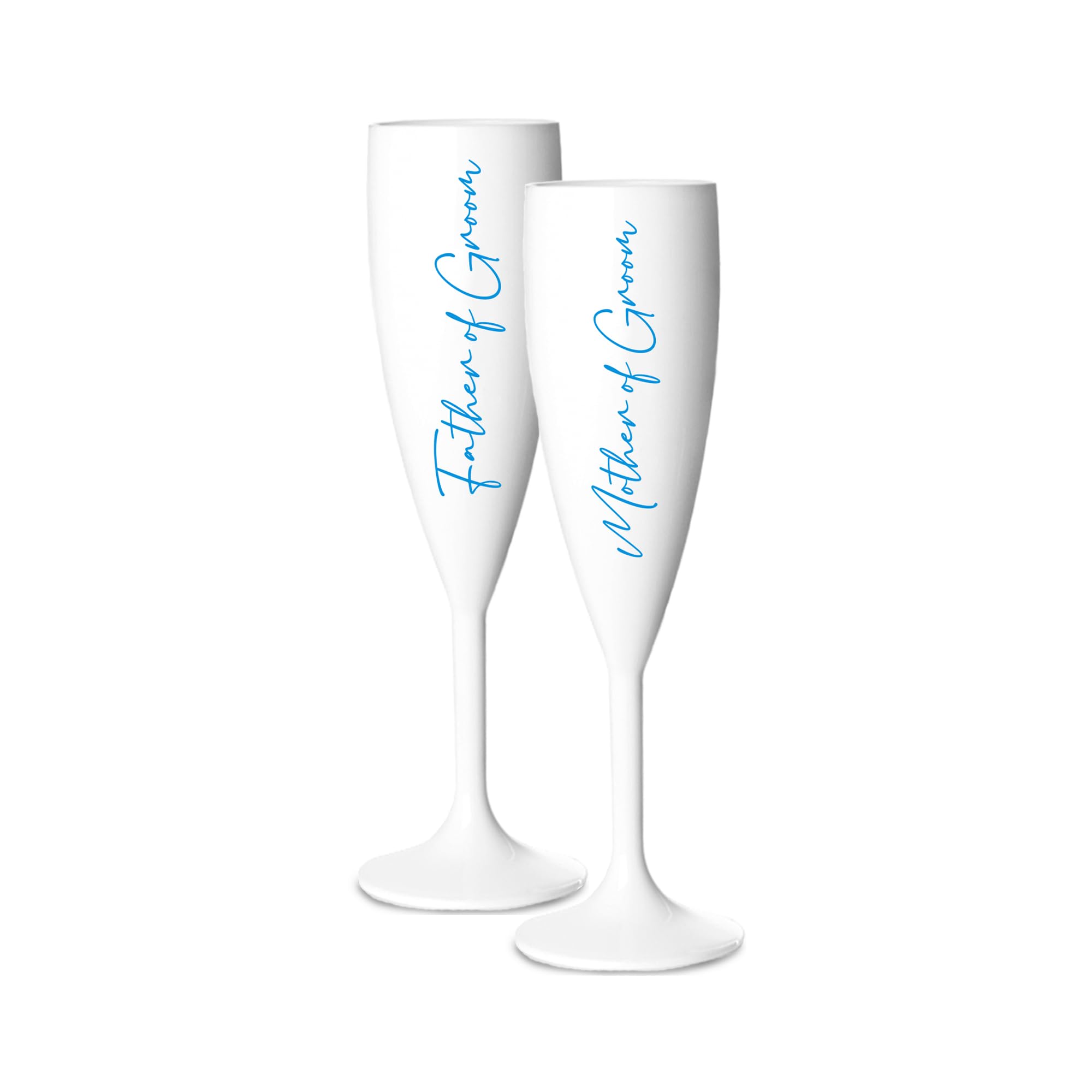 Print Maniacs Champagne Premium White Flute Glass Bride Groom Mr Mrs Wedding Maid Honour Wine Cocktail Prosecco Celebrations Gift (Blue, Mother + Father Groom Side Set)