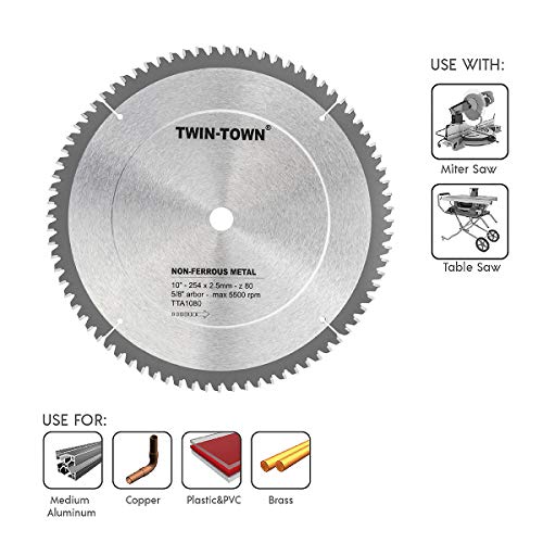 TWIN-TOWN 10-Inch 80 Tooth TCG Aluminum and Non-Ferrous Metal Saw Blade with 5/8-Inch