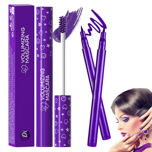 Purple Mascara & Eyeliner Set,5D Silk Fiber Eyelash Volume with Soft Brush,Colored Tubing Mascara Extensions Length,Super Slim Smudgeproof Purple Eyeliner,Non-Clumping & Smooth waterproof eyeliner