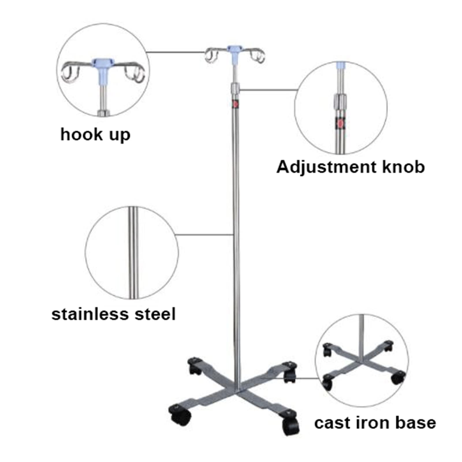 Stal nierdzewna IV Drip Stand, Stojak na kroplówkę ze stali nierdzewnej z 4 kółkami haczykami 110-210 cm Do kliniki szpitalnej opieki domowej
