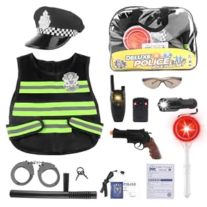 deAO Polizei Kostüm Kinder mit 14 Stück Zubehör Spielzeug-Rollenspiel-Set